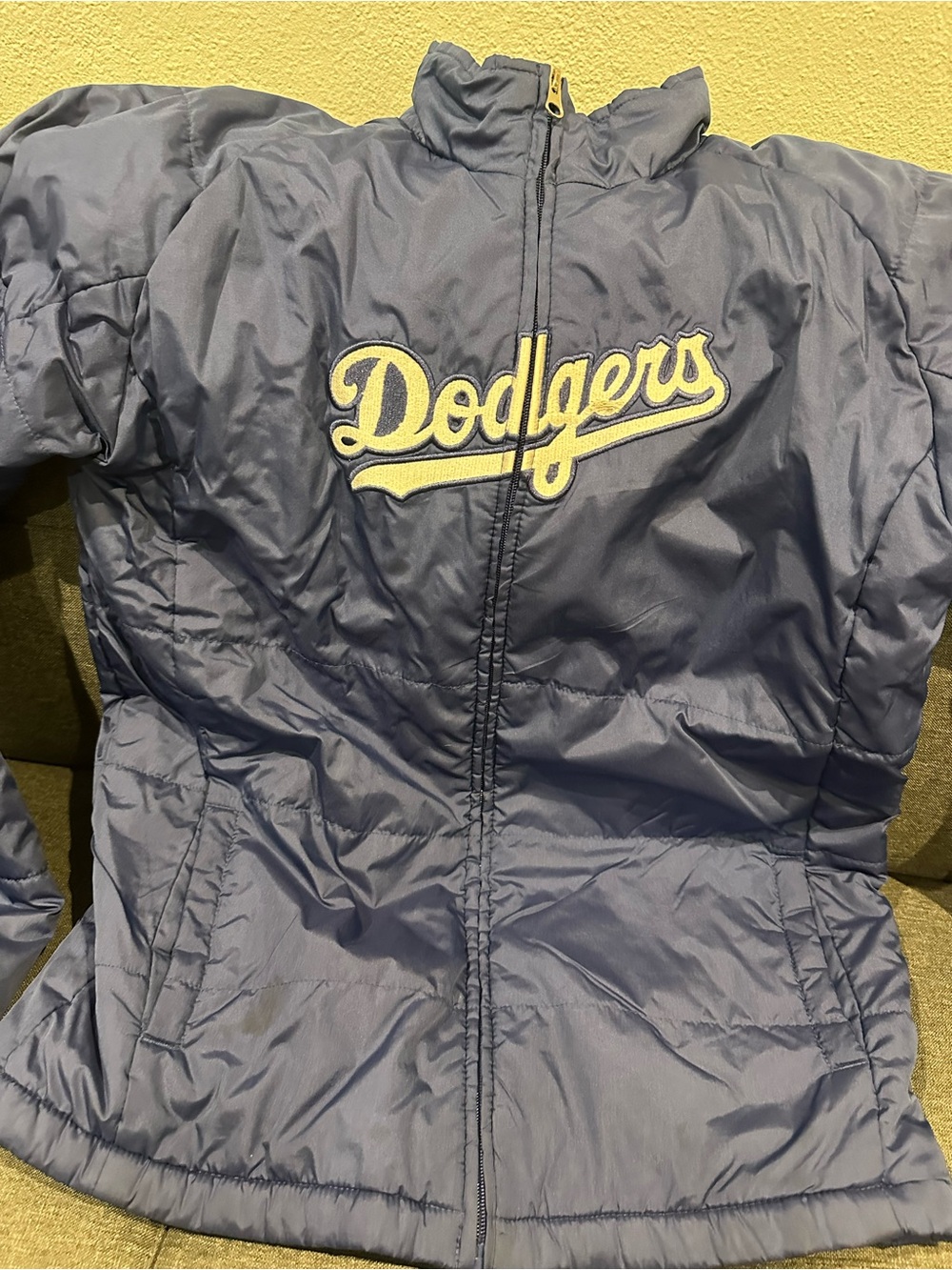 Majestic Dodgers Youth Puffer Jacket - Navy Blue with White Script